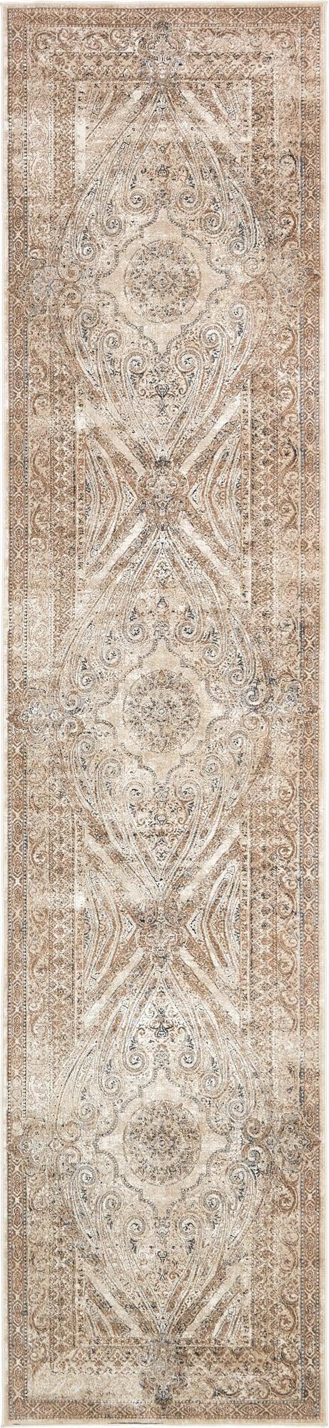 A 13 ft runner rug featuring a distressed traditional medallion pattern in shades of brown, tan, and ivory.