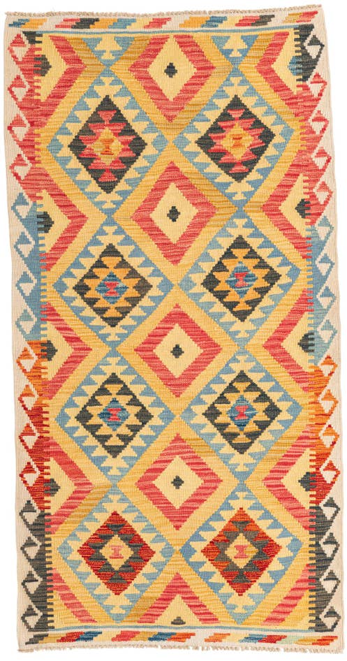 Detail image of 3' 5 x 6' 7 Hand Woven Kilim Maymana Wool Runner Rug