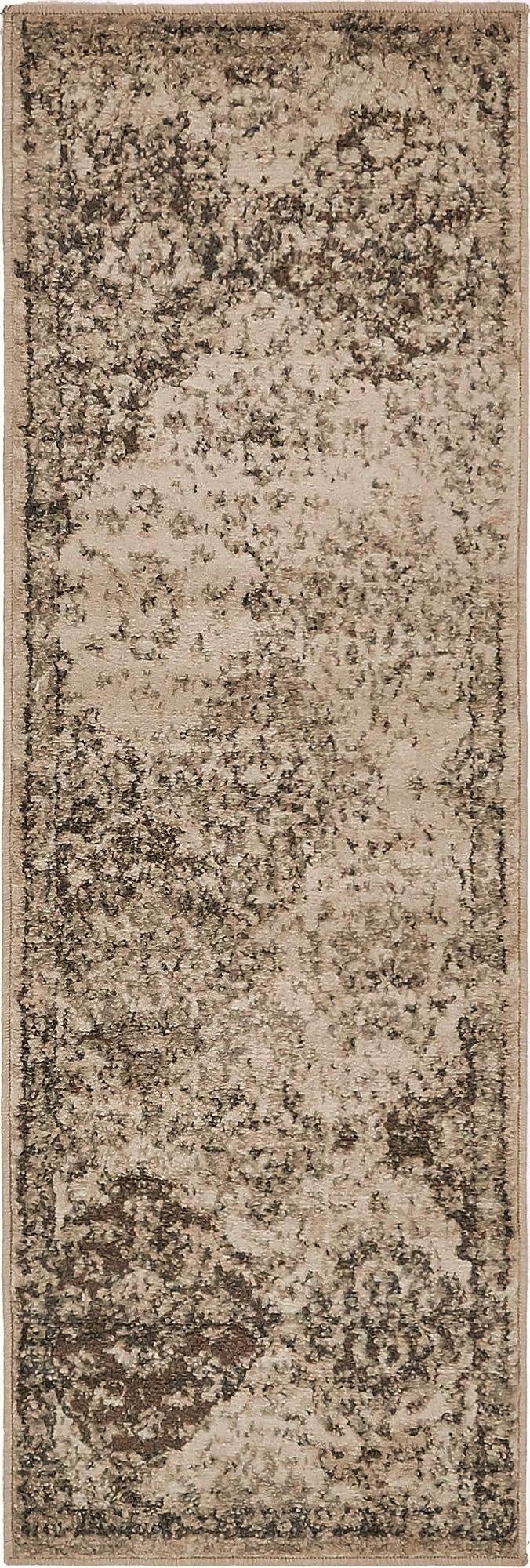 A 6 ft runner rug from the Mojave collection, featuring a distressed traditional pattern in shades of brown, tan, and ivory.