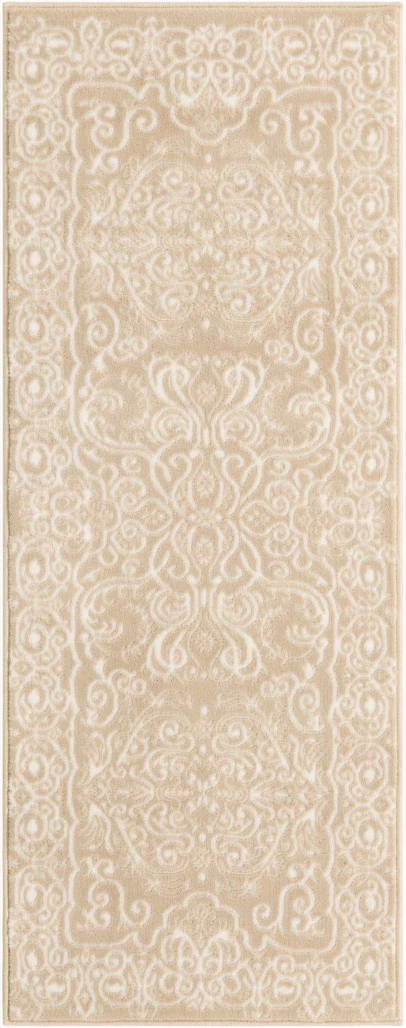 A 5 ft runner rug in shades of brown and ivory, featuring a traditional French floral pattern with a textured pile, ideal for a hallway.