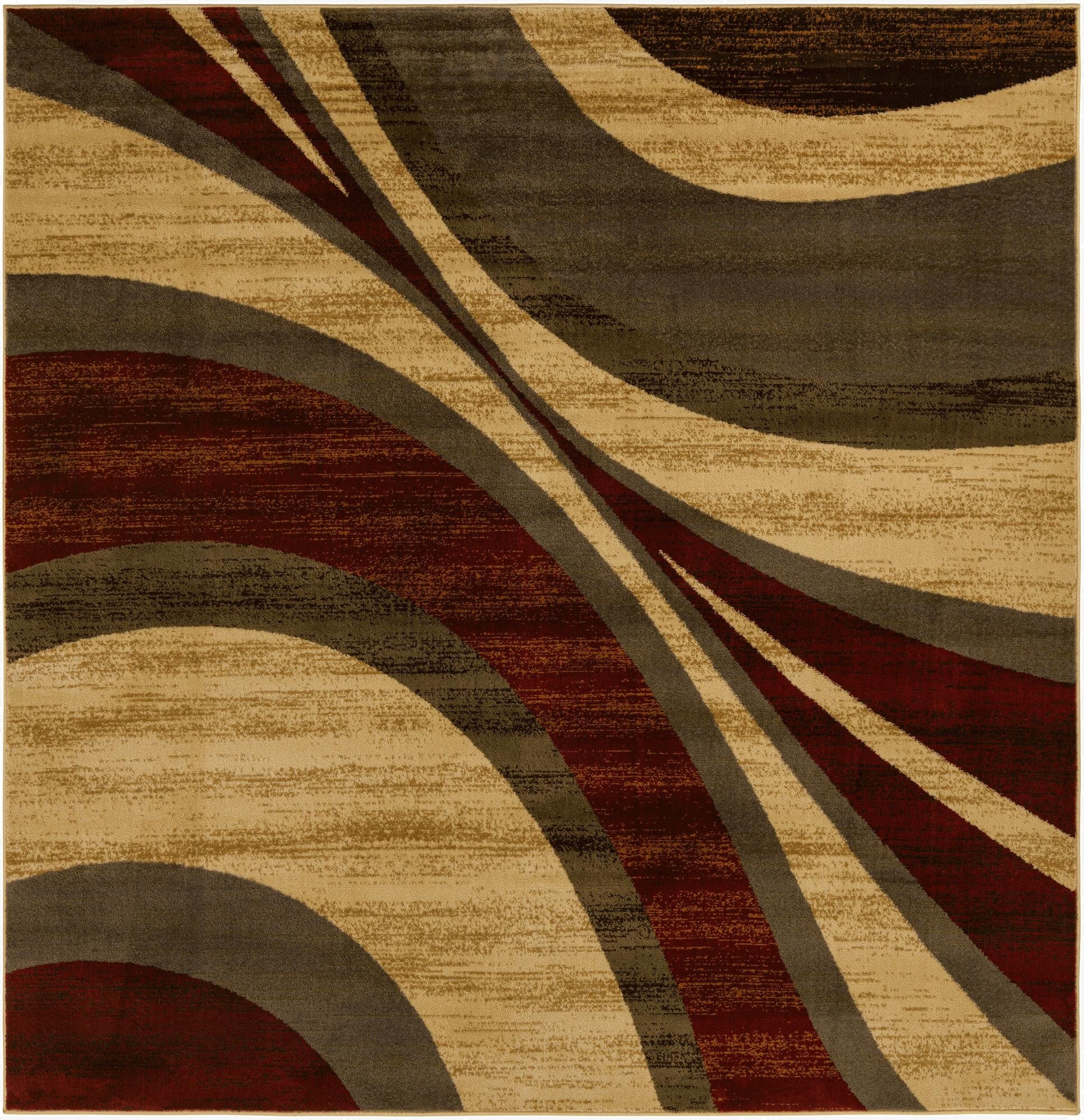 A square area rug featuring a modern abstract design with flowing curves in shades of brown, tan, ivory, and deep red.