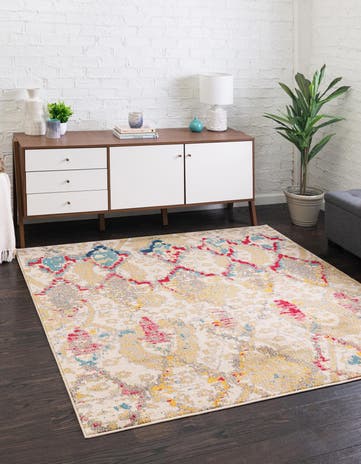 Beige Washable Santa Fe Square Rug