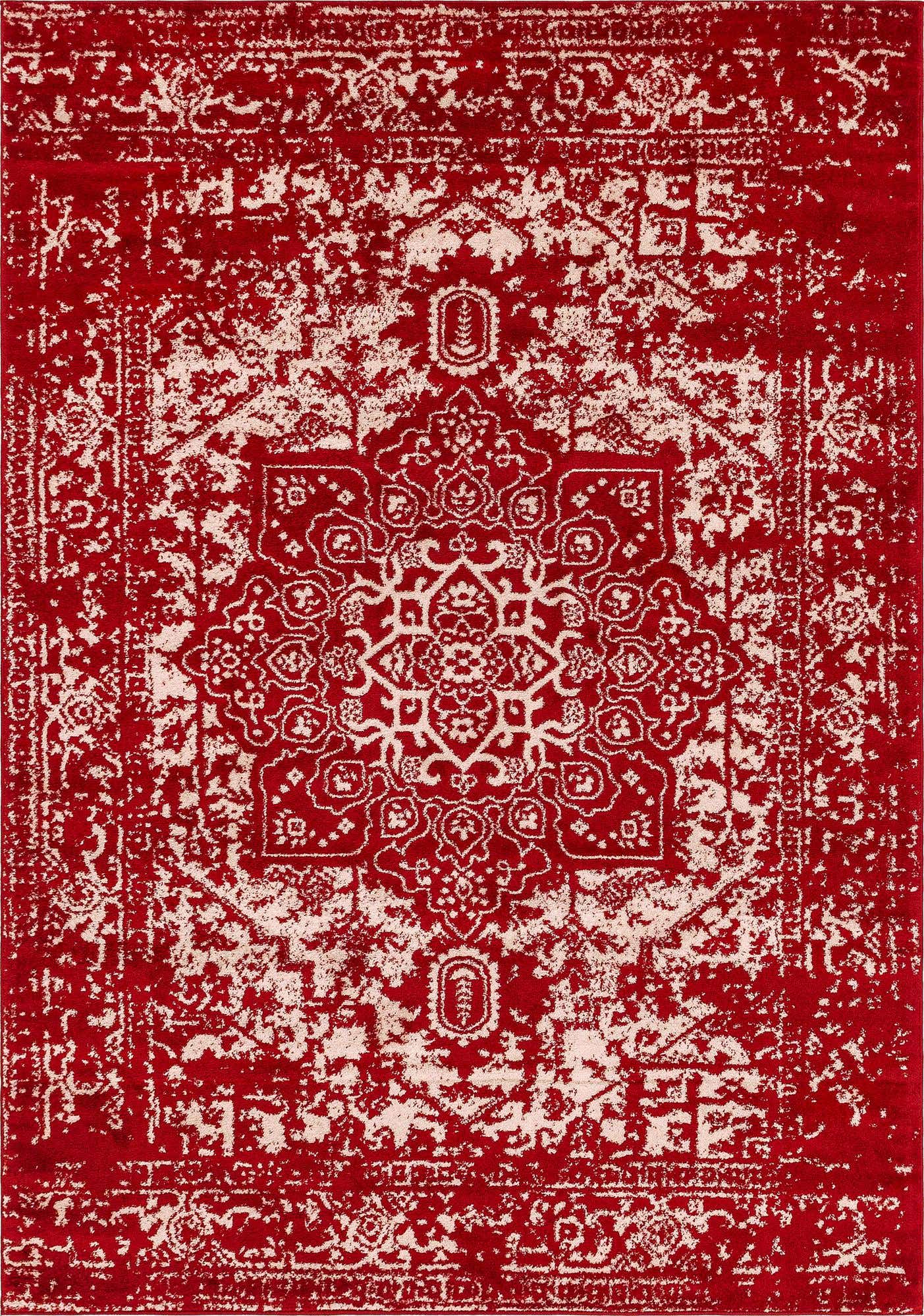 7' x 10' Birch · Distressed medallion rug, red and ivory