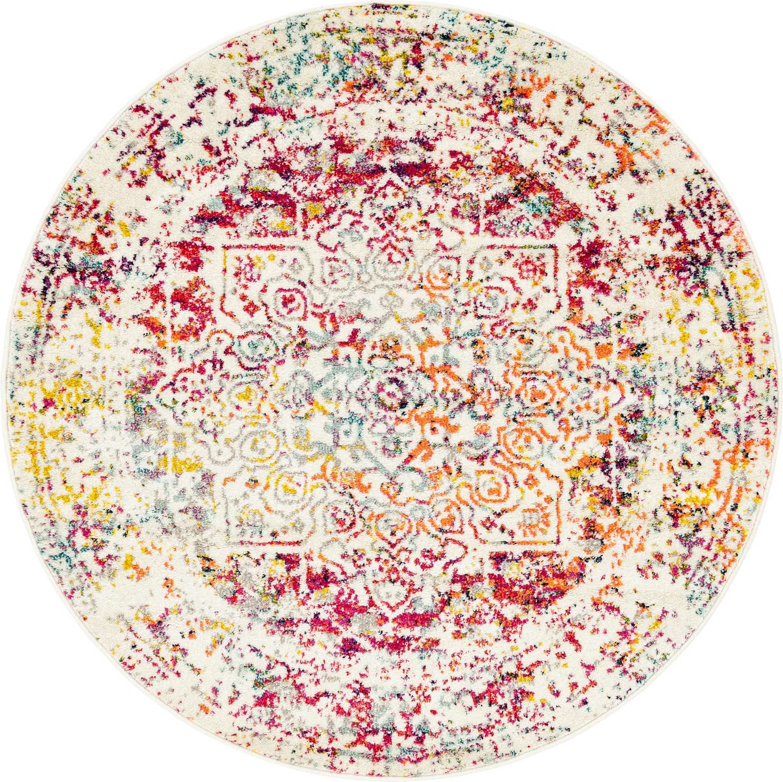 5' 3 x 5' 3 Birch · Distressed medallion rug, ivory and multi