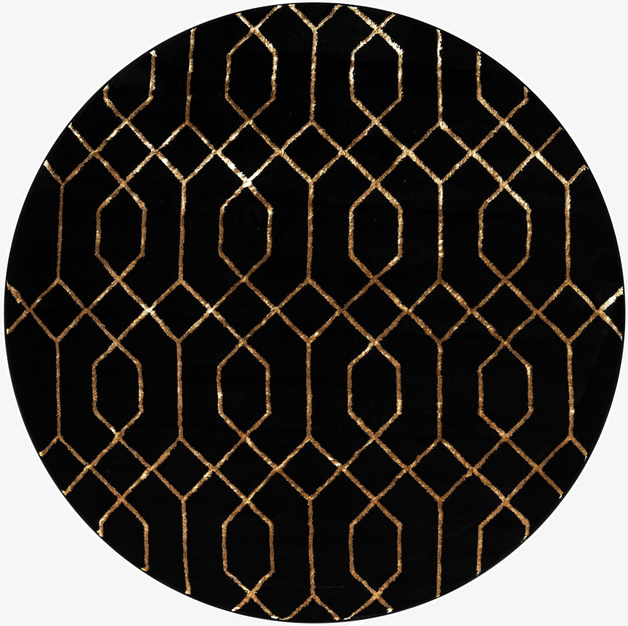 A round black rug with a shimmering gold modern geometric trellis pattern, ideal for a living room or bedroom.