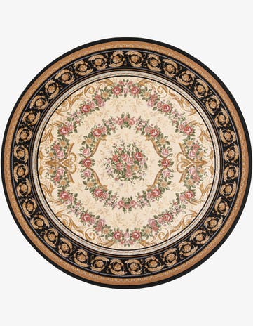 Black and Ivory Easy-Clean Traditional Indoor / Outdoor Round Rug