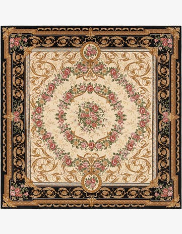 Black and Ivory Easy-Clean Traditional Indoor / Outdoor Square Rug