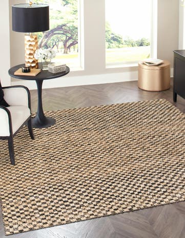 Black and Natural Hand Woven Checkered Jute Wool Square Rug