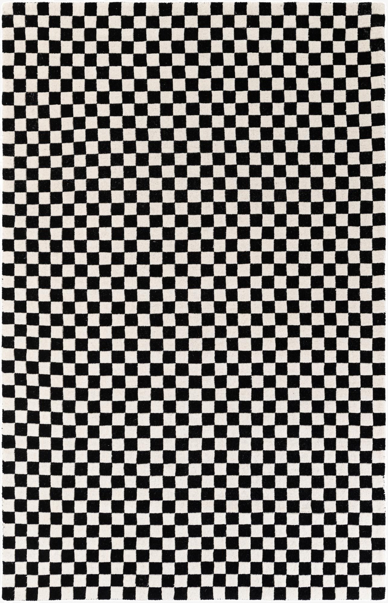 A 5x8 rectangular black and white checkered rug with a high pile, suitable for a modern living room.