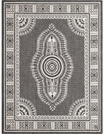 Black and White Easy-Clean Traditional Indoor / Outdoor Rug