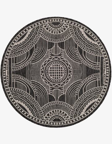Black and White Easy-Clean Traditional Indoor / Outdoor Round Rug
