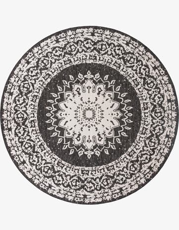Black and White Easy-Clean Traditional Indoor / Outdoor Round Rug