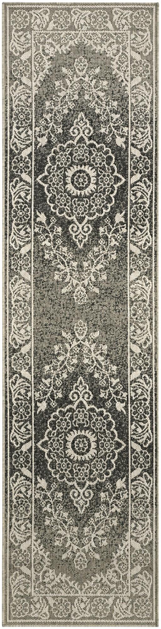 Black and White Easy-Clean Traditional Indoor / Outdoor Runner Rug