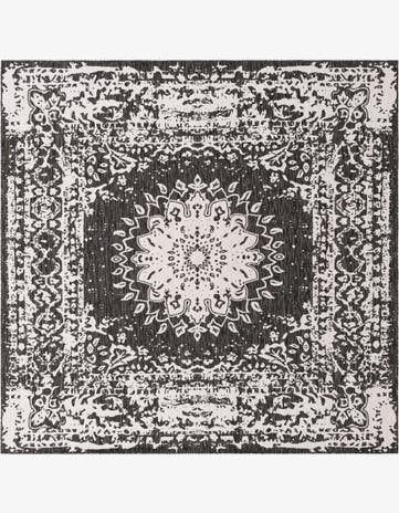 Black and White Easy-Clean Traditional Indoor / Outdoor Square Rug
