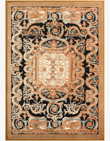 Black Gold Brown Easy-Clean Traditional Indoor / Outdoor Rug
