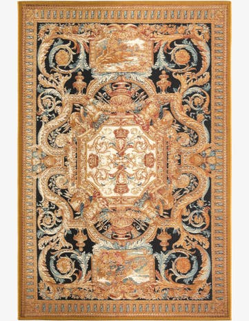 Black Gold Brown Easy-Clean Traditional Indoor / Outdoor Rug