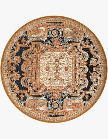 Black Gold Brown Easy-Clean Traditional Indoor / Outdoor Round Rug