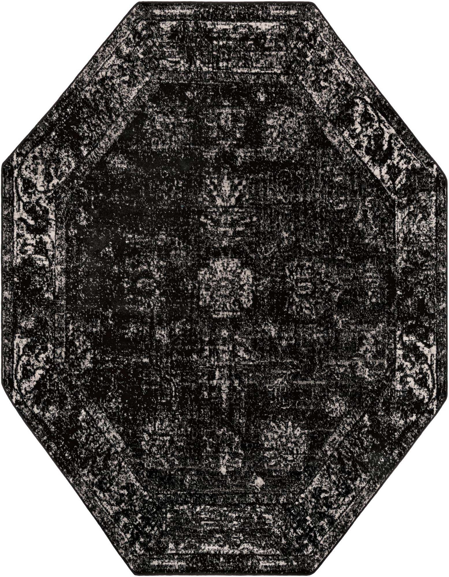 Octagon 7' 10 x 7' 10 black transitional rug with a distressed medallion pattern and border.