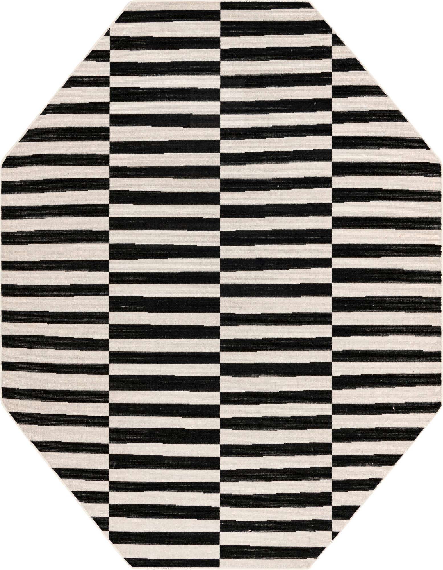 An octagon-shaped black and off-white striped rug with a modern geometric pattern, suitable for various indoor spaces.