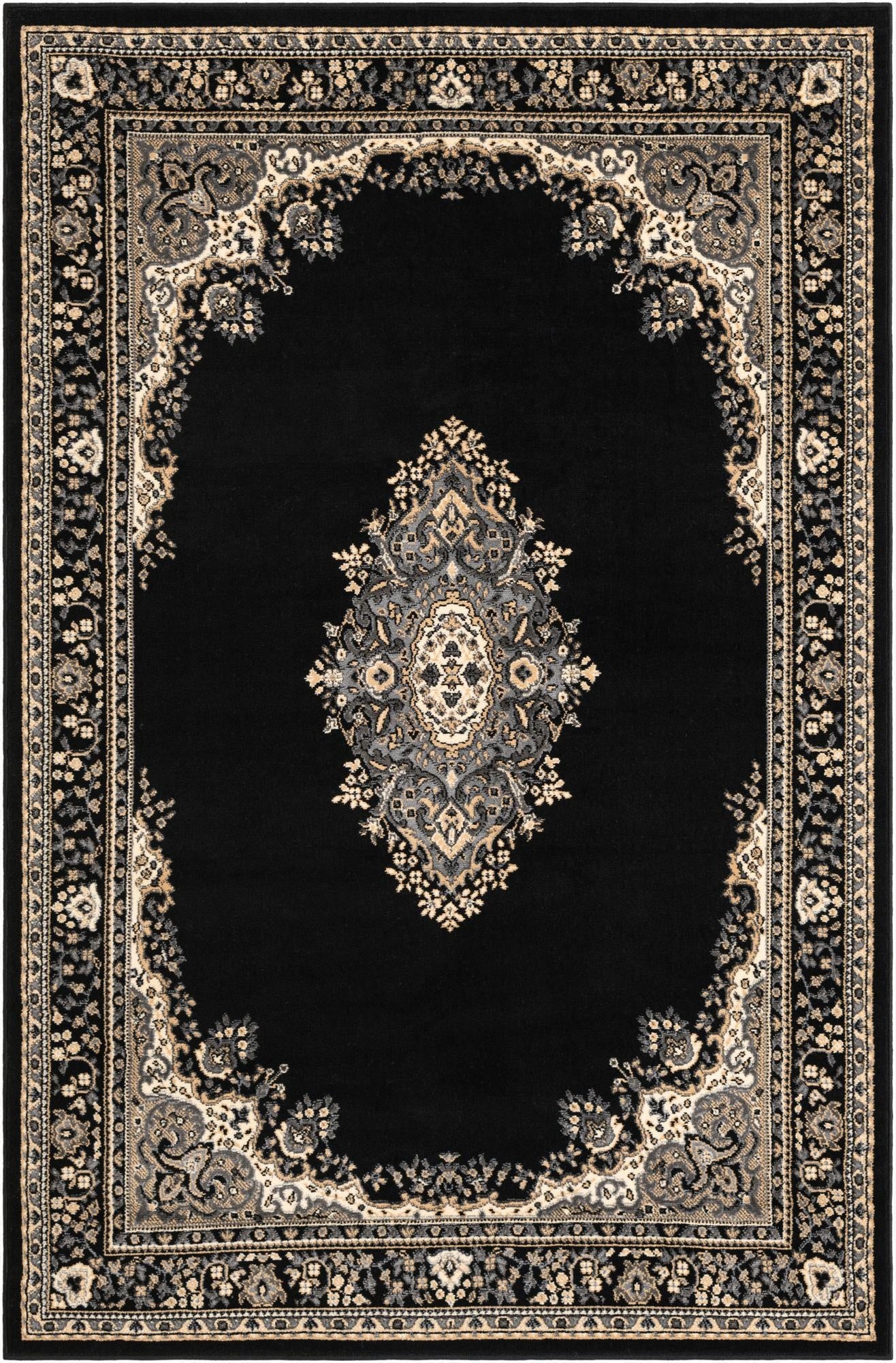 A 5x8 rectangular black traditional rug with an ornate central medallion and intricate border in beige and gray tones.