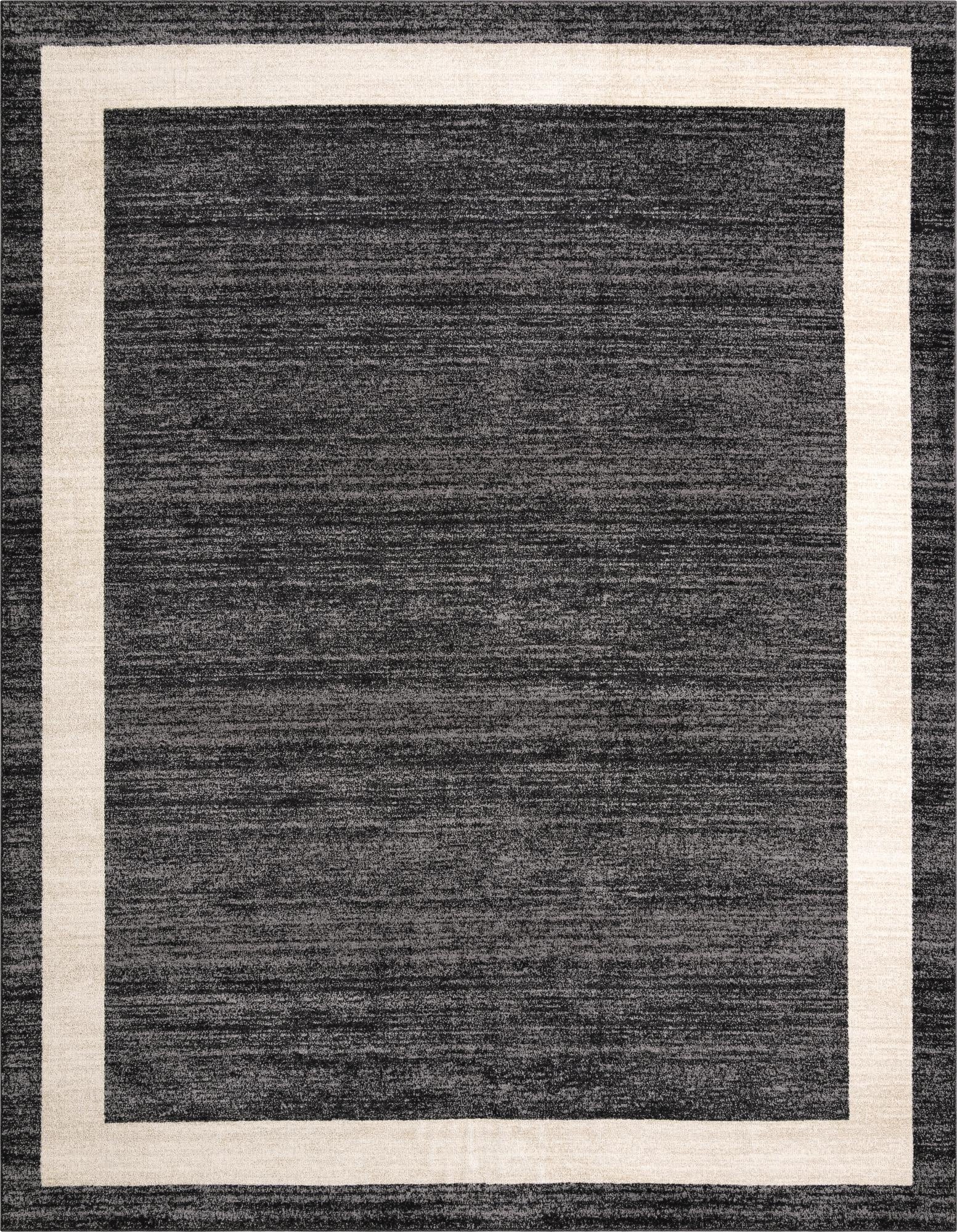 A 10x13 rectangular black area rug with a thick off-white border, suitable for a living room.