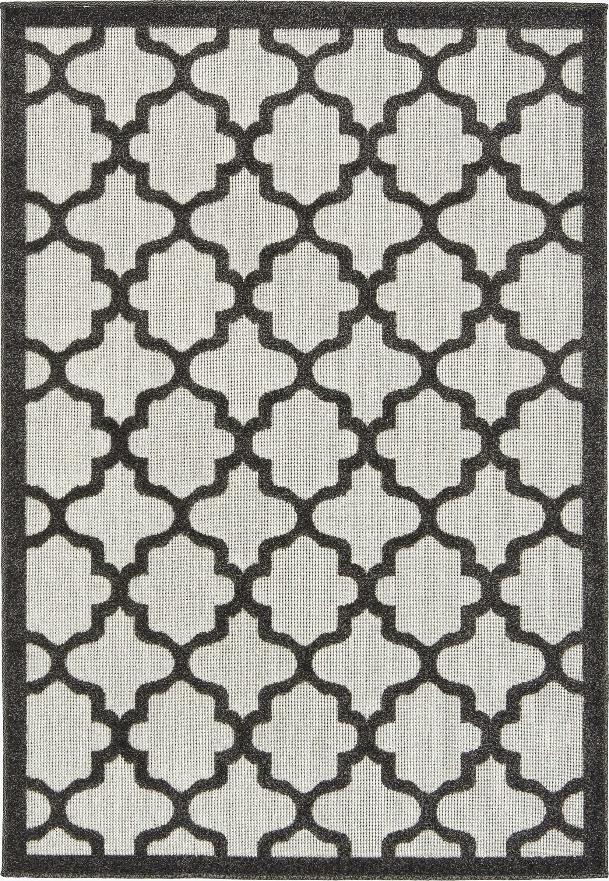 A 4x6 rectangular black and white flatweave rug with a modern trellis pattern and a dark border.