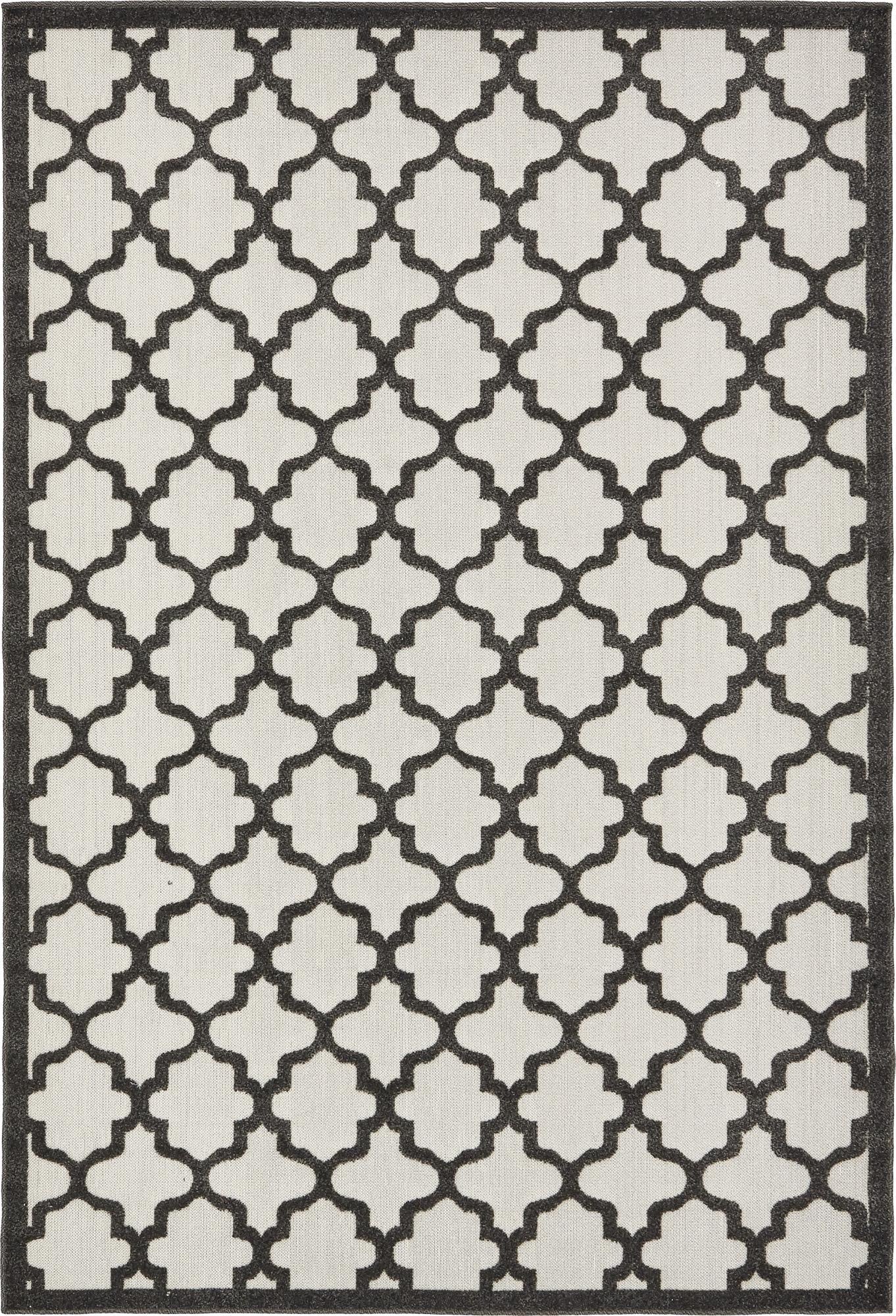 A 6x9 rectangular black and white trellis rug with a dark border, suitable for indoor or outdoor use.