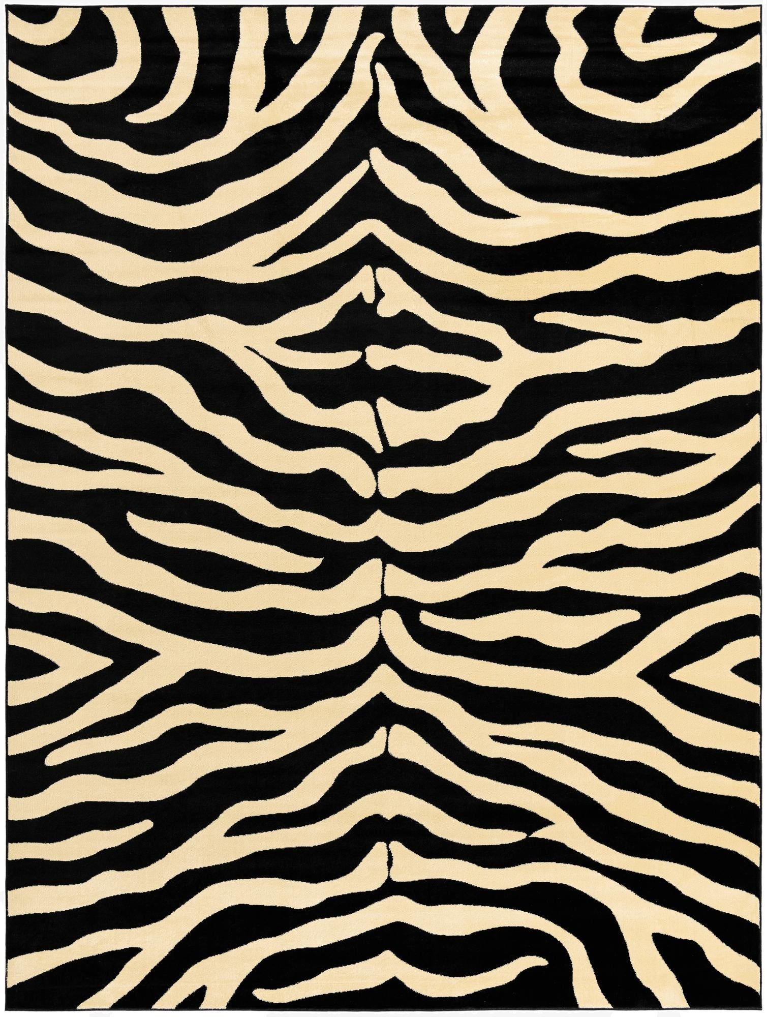 A 10x14 rectangular black and cream zebra print rug, featuring bold, wavy stripes, suitable for a modern living room or patio.