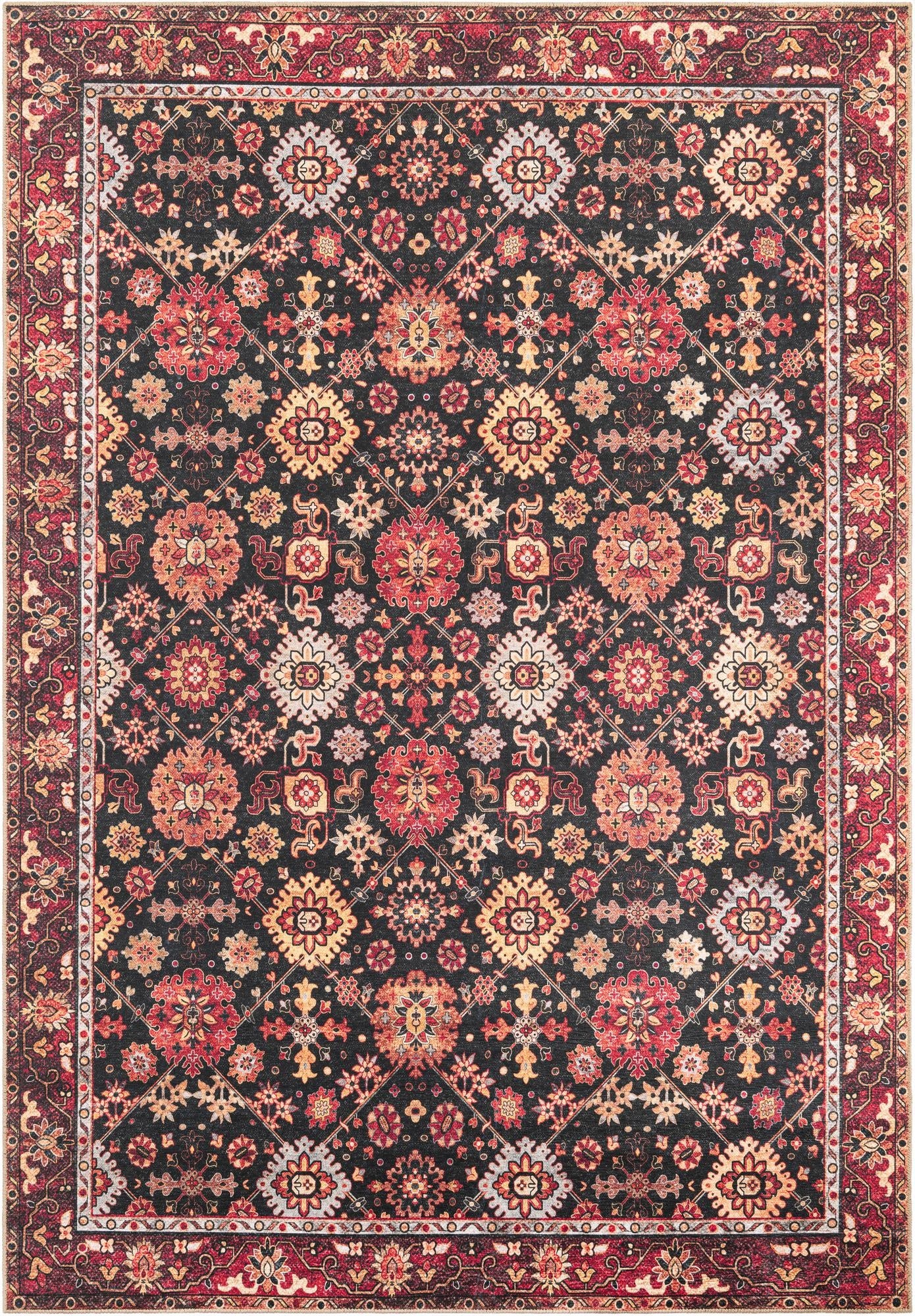 A rectangular 8x12 black Oriental rug with a traditional medallion pattern in vibrant reds, oranges, and creams, featuring a detailed border.