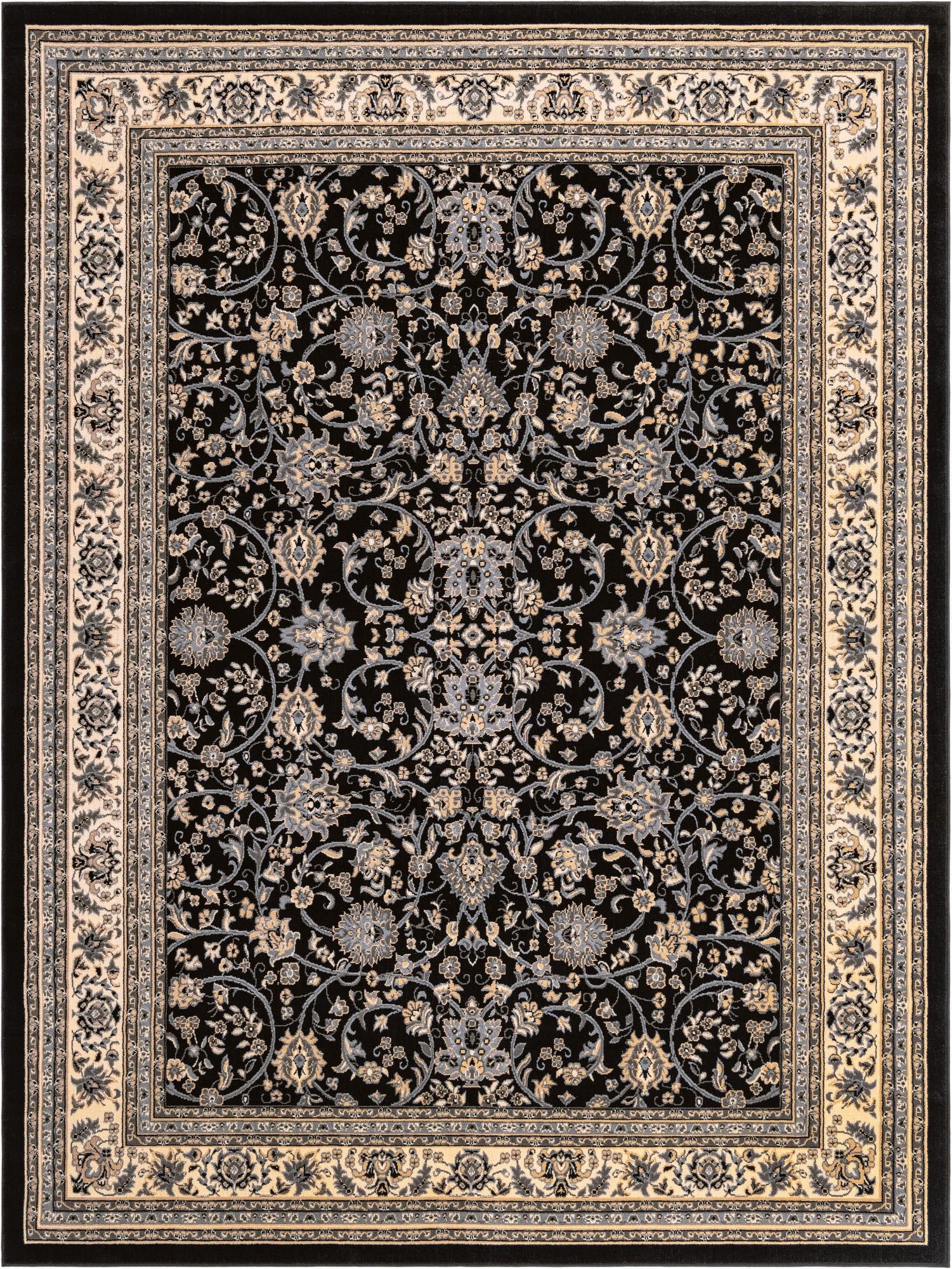 A 9x12 rectangular black traditional rug with an intricate oriental floral pattern and a cream border, suitable for a living room.