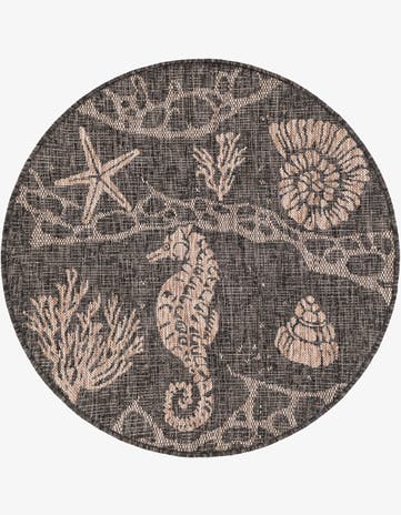 Black Easy-Clean Coastal Indoor / Outdoor Round Rug
