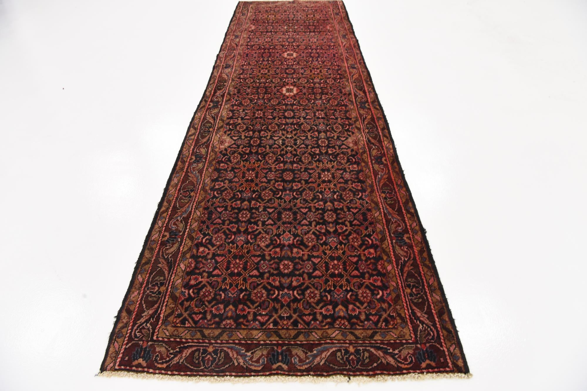 3' 5 x 11' 10 Hand Knotted Hossainabad Persian Wool Runner Rug