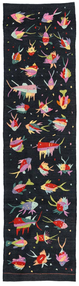Detail image of 2' 7 x 9' 8 Hand Woven Kilim Suzani Wool Runner Rug