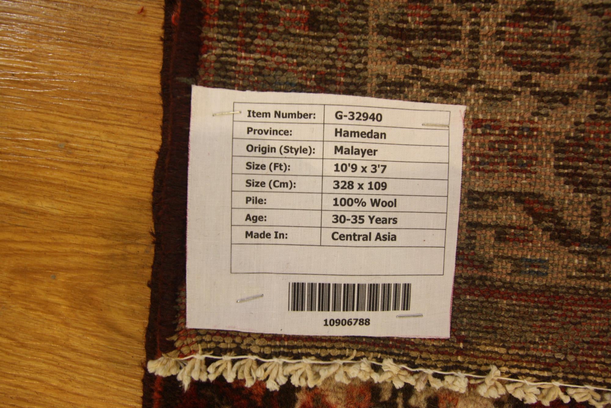 3' 7 x 10' 9 Hand Knotted Malayer Persian Wool Runner Rug