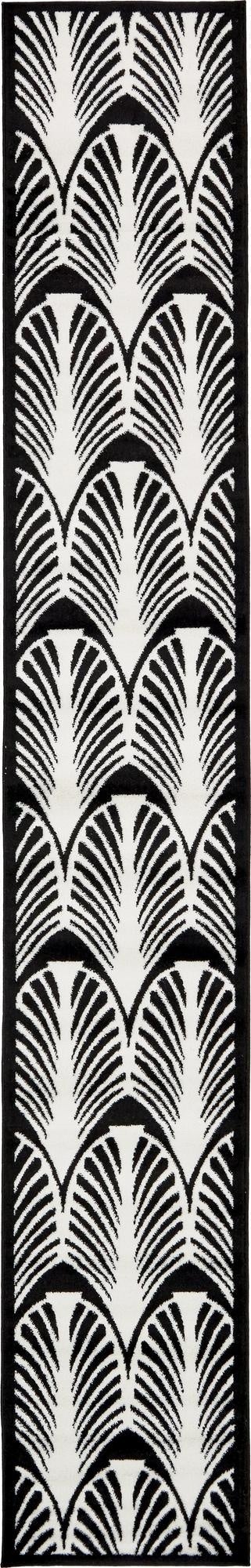 A 13 ft runner rug featuring a bold black and white art deco fan pattern, ideal for a hallway.