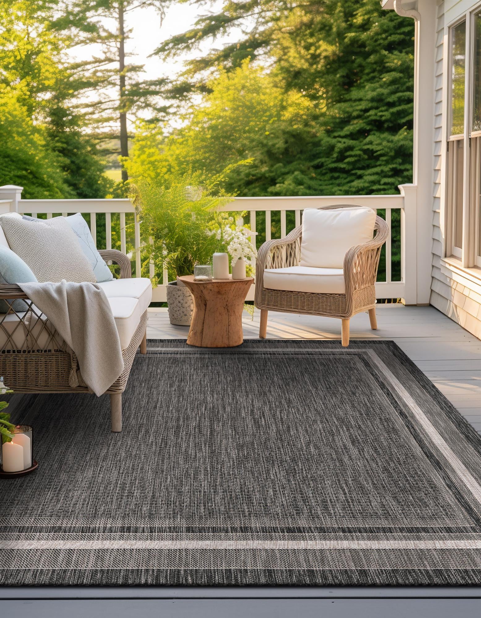 Black Easy-Clean Border Indoor / Outdoor Square Rug