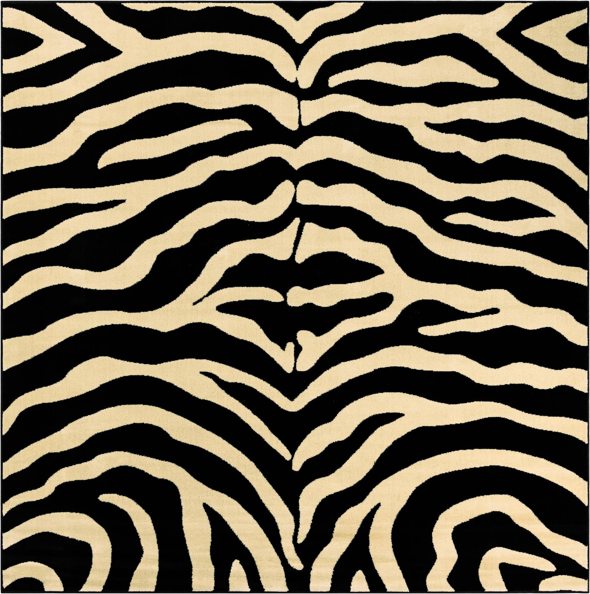 A square black and beige zebra print area rug with bold, wavy stripes, perfect for a modern living space.
