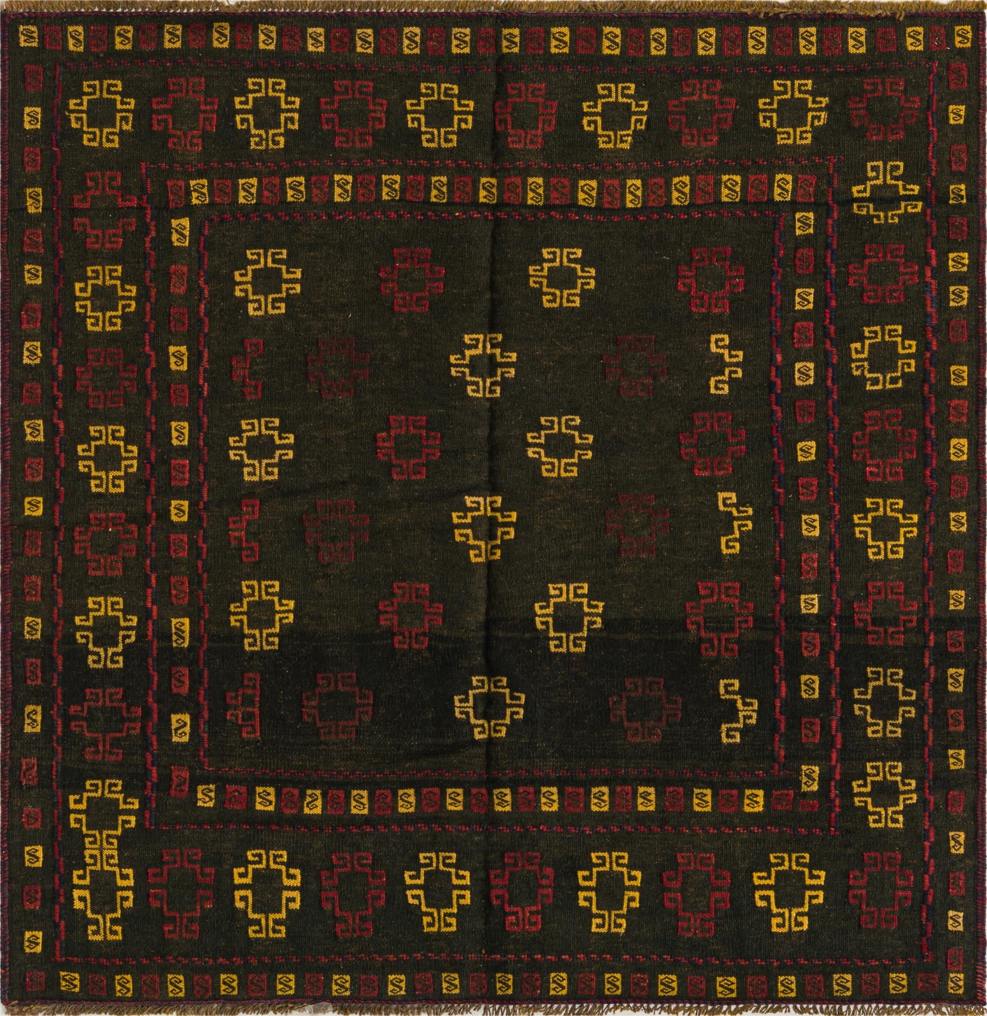 4' x 4' 3  Hand Knotted Sumak Wool Square Rug
