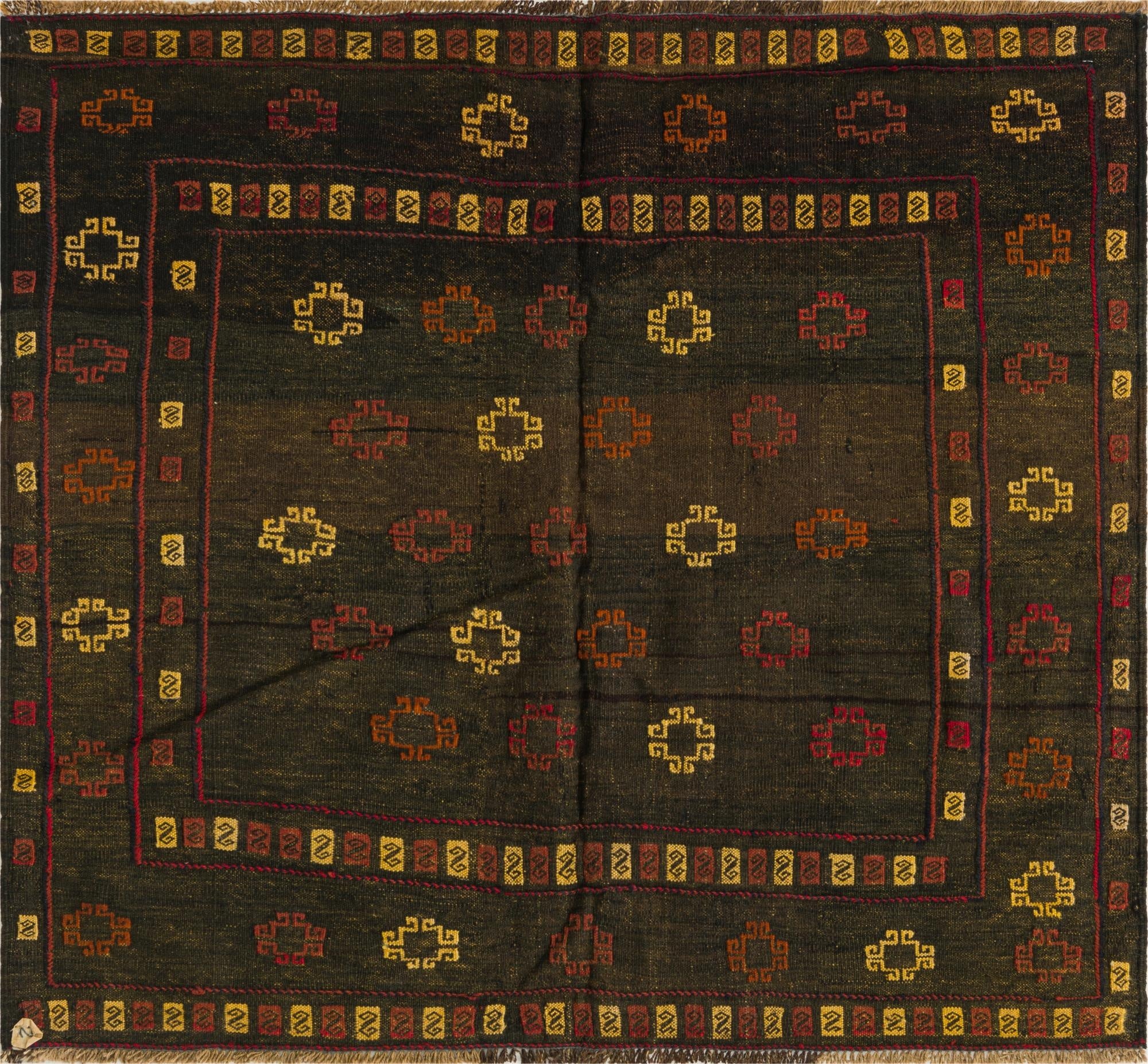 3' 10 x 4' 2  Hand Knotted Sumak Wool Square Rug