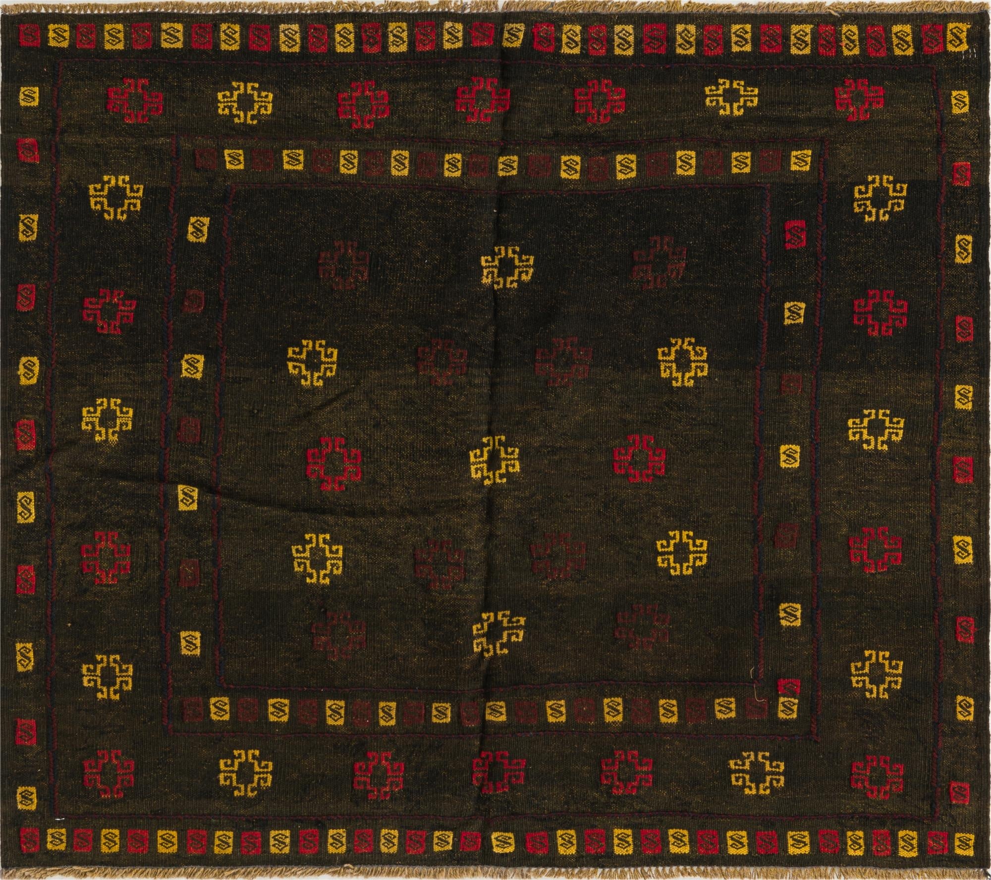 3' 10 x 4' 4  Hand Knotted Sumak Wool Square Rug