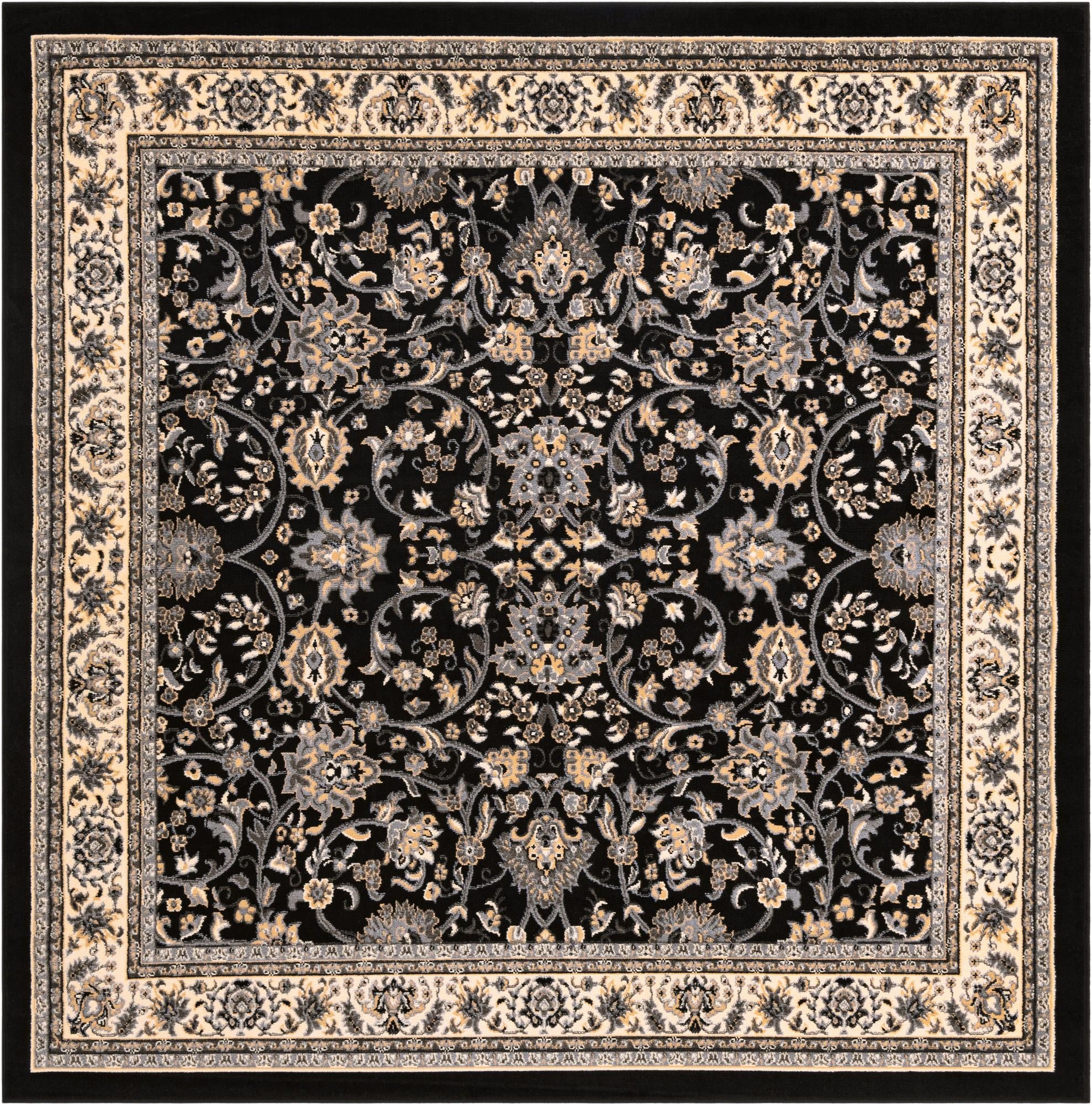 A square black traditional Oriental rug with an intricate floral pattern in shades of grey and beige, featuring a detailed border.