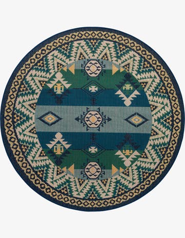 Blue and Green Easy-Clean Baja Indoor / Outdoor Round Rug