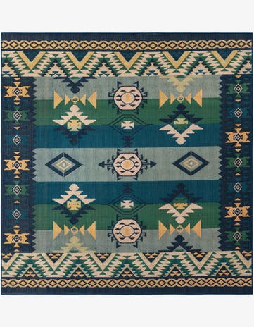 Blue and Green Easy-Clean Baja Indoor / Outdoor Square Rug