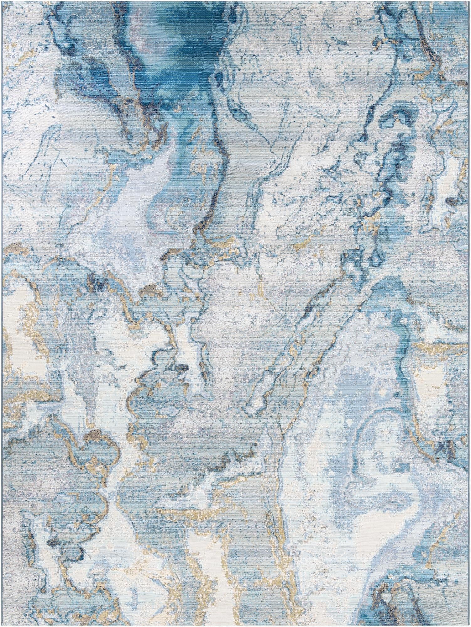 A 9x12 rectangular indoor/outdoor rug featuring an abstract, modern pattern in shades of blue, ivory, and cream with subtle gold accents.