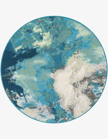 Blue and Ivory Easy-Clean Modern Indoor / Outdoor Round Rug