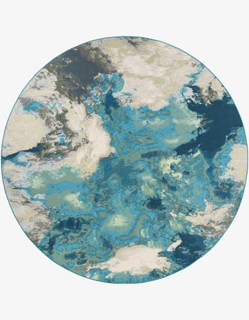 Blue and Ivory Easy-Clean Modern Indoor / Outdoor Round Rug