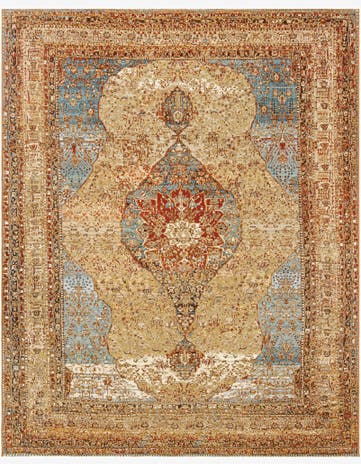 Blue and Light Brown Easy-Clean Traditional Indoor / Outdoor Rug