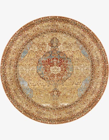 Blue and Light Brown Easy-Clean Traditional Indoor / Outdoor Round Rug