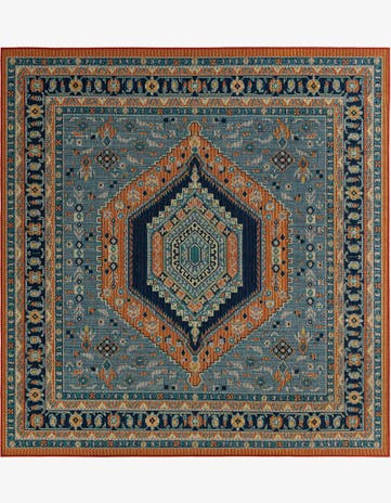 Blue and Rust Red Easy-Clean Baja Indoor / Outdoor Square Rug