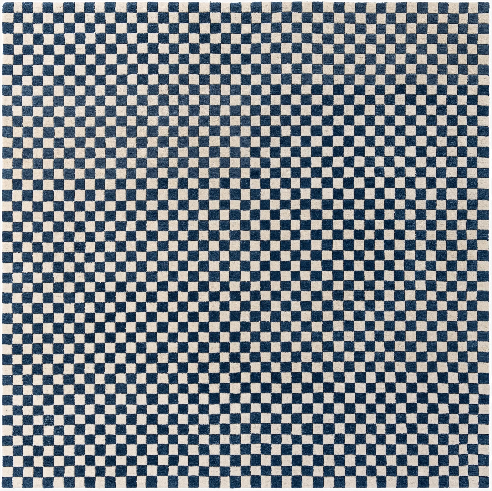 A square 7' 10 x 7' 10 modern area rug featuring a repeating checkerboard pattern in blue and white.